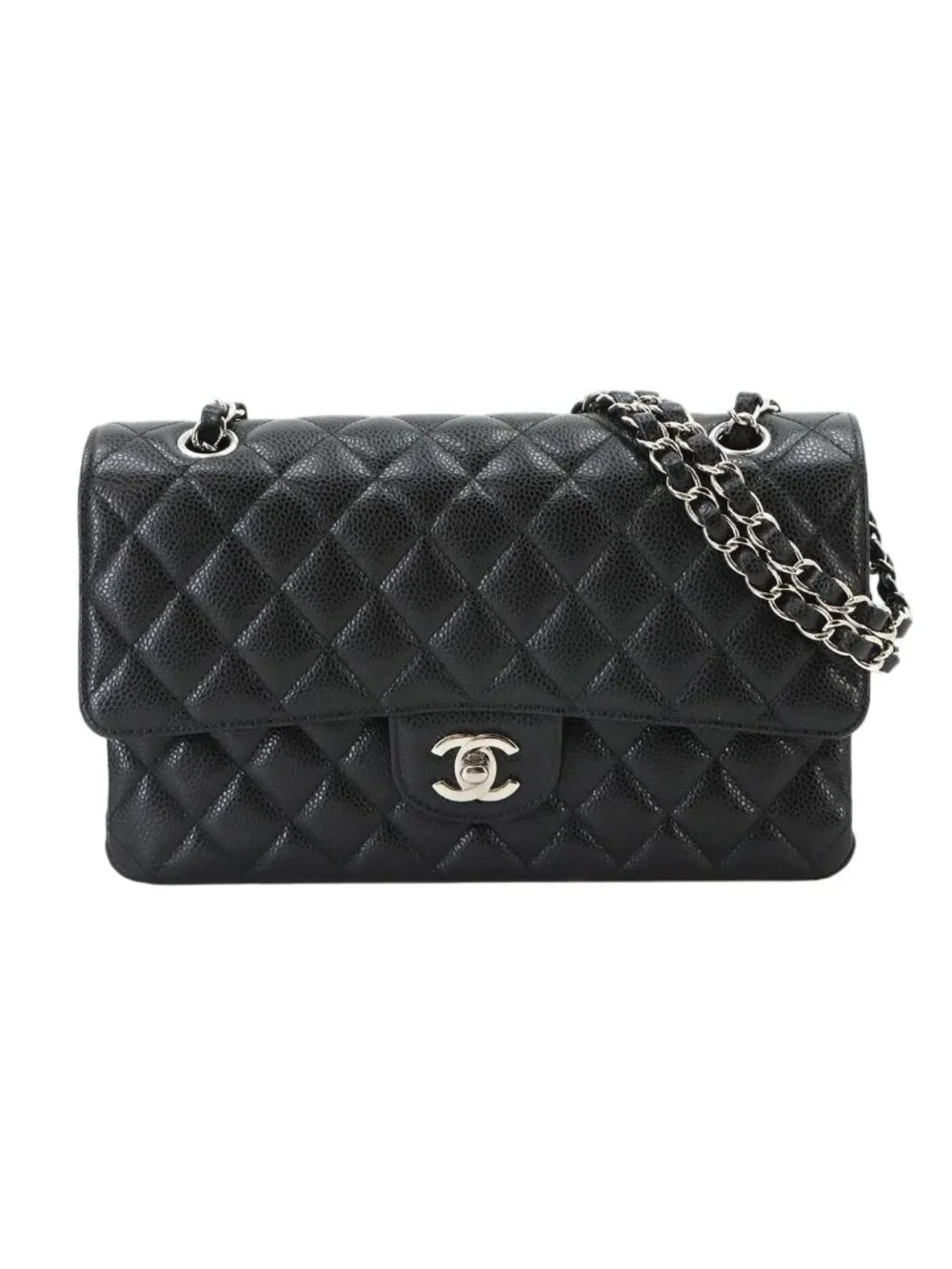 Chanel Quilted 25 Chain Shoulder Bag Caviar Leather Black Silver